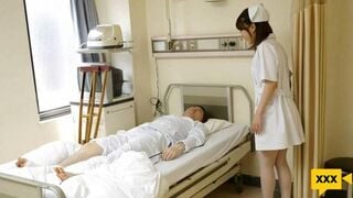 Reina Wamatsu - Pretty Nurse Reina Wamatsu jerks off her patient for a face full of c